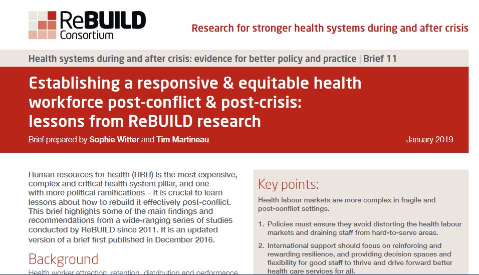 Screengrab of the top of the briefing paper - establishing a responsive and equitable health workforcec post-conflict and post-crisis