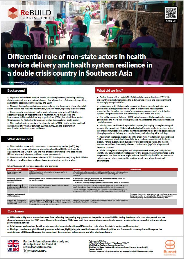 Poster on the differential role of non-state actors in health service delivery and health system resilience in a double crisis country in Southeast Asia